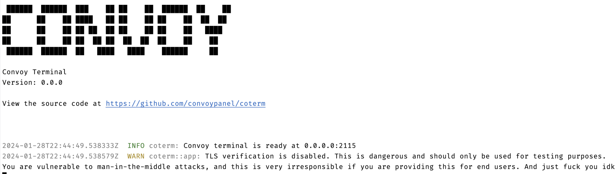 Console message indicating that Coterm TLS verification is disabled